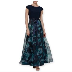 SLNY Navy Floral Mixed-Media Organza Gown - 16P NWT